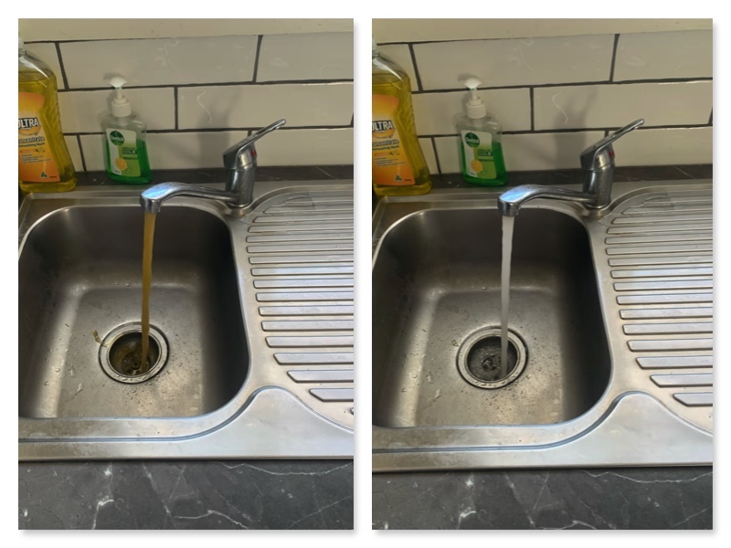 Before and after showing brown and clear water following a cold water pipe renewal in Ringwood